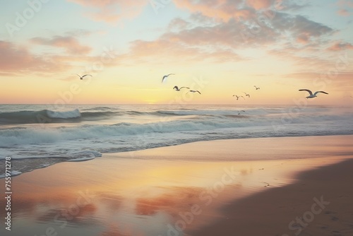 A peaceful beach at dawn, with gentle waves and seagulls