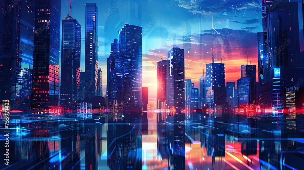 Sunset cityscape: Skyscrapers bathed in a high-tech neon glow! - obrazy, fototapety, plakaty 
