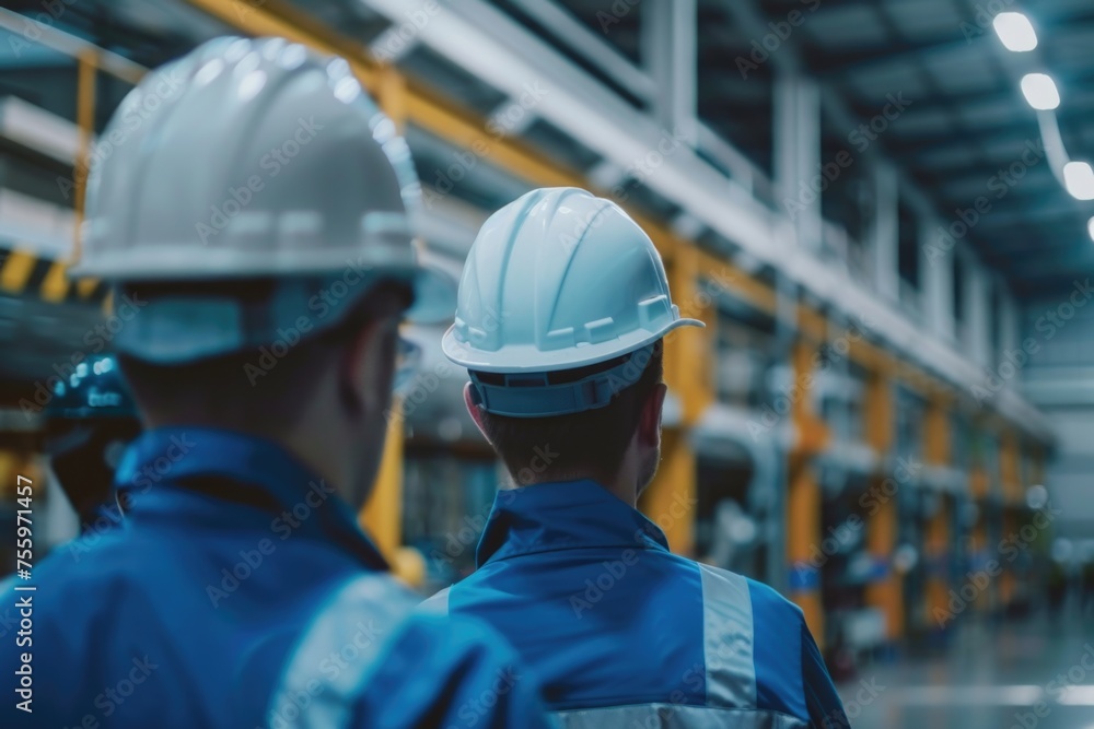 Two men wearing hard hats in a factory. Suitable for industrial and manufacturing concepts. Two men wearing hard hats in a factory. Suitable for industrial and manufacturing concepts.