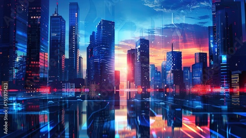 Sunset cityscape: Skyscrapers bathed in a high-tech neon glow!