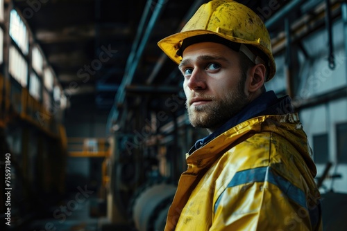 A man in a hard hat and yellow jacket, suitable for construction themes.