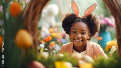 African American girl with curly hair and bunny ears smile. Easter concept photo