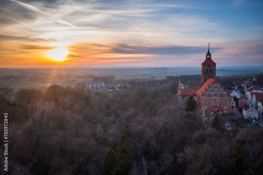 Reszel town in Warmia region of Poland at sunset,
