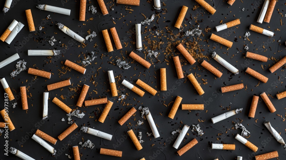 Cigarette butt isolated on black background. Smoking is very harmful to health. Generative AI Cigarette butt isolated on black background. Smoking is very harmful to health. Generative AI