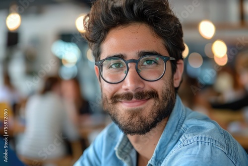 A man wearing glasses and a denim shirt, suitable for business and casual concepts.