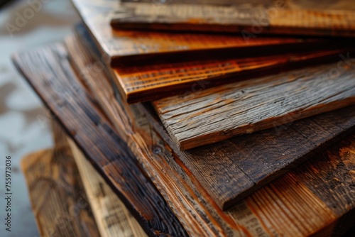 A stack of wood planks on a table, perfect for construction projects.