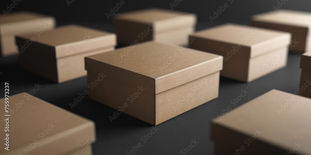 Fototapeta premium Brown boxes neatly arranged on a table, suitable for packaging or storage solutions.
