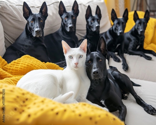 A group of black and white dogs surrounding a white cat.