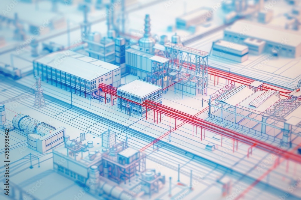 Detailed drawing of a factory with various machinery, suitable for industrial concepts. Detailed drawing of a factory with various machinery, suitable for industrial concepts.