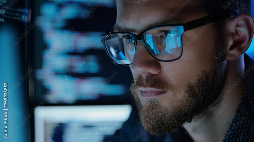 Close up of an Caucasian man with beard with glasses reflecting computer screen while writing computer code
Close up of an Caucasian man with beard with glasses reflecting computer screen while writing computer code