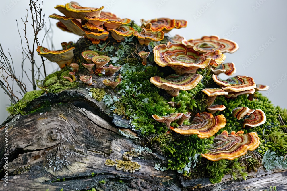 A Close-Up View of Wild Mushrooms Thriving on a Mossy Log.