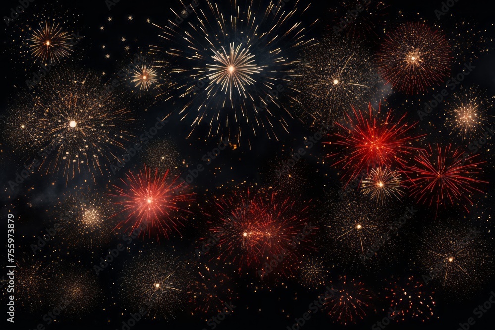 A black background with shimmering fireworks