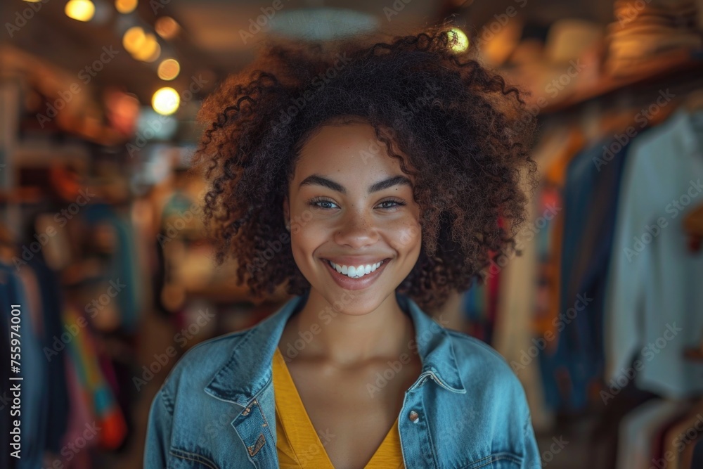 Fototapeta premium A cheerful young woman with curly hair smiling in a clothing store.