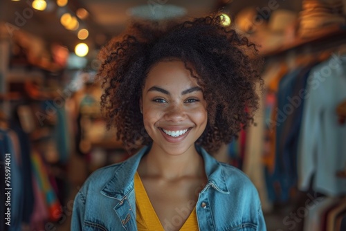 A cheerful young woman with curly hair smiling in a clothing store.