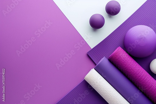Fitness and wellness gear for yoga displayed on a purple backdrop