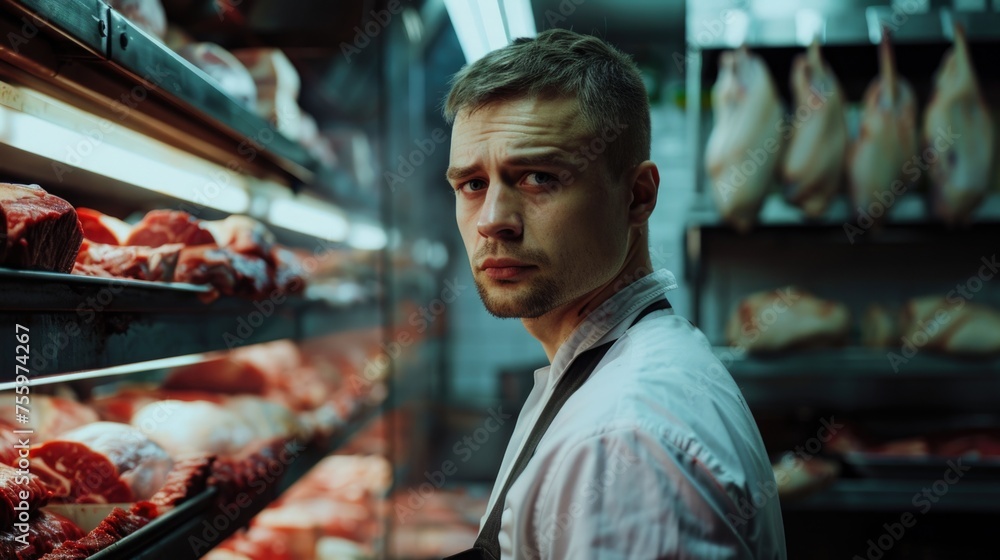 A man standing in front of a rack of meat. Suitable for butcher shop promotions.