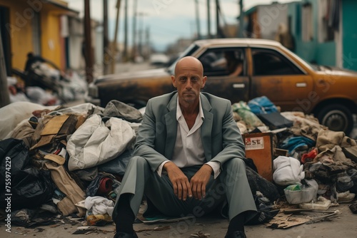 A man seated on a heap of trash beside a vehicle, amidst a cluttered urban environment.