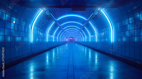 Illuminated blue tunnel with reflective floor. Modern architecture photography. Urban and futuristic design concept. Empty underground background with lighting with space for text or product