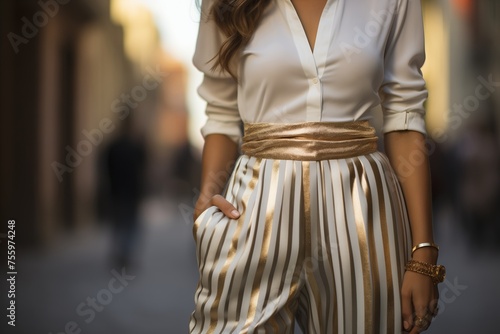 A woman wearing a white shirt and gold striped pants stands confidently.