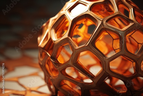 A close up of a 3D hexecontahedron with intricate polygonal faces photo