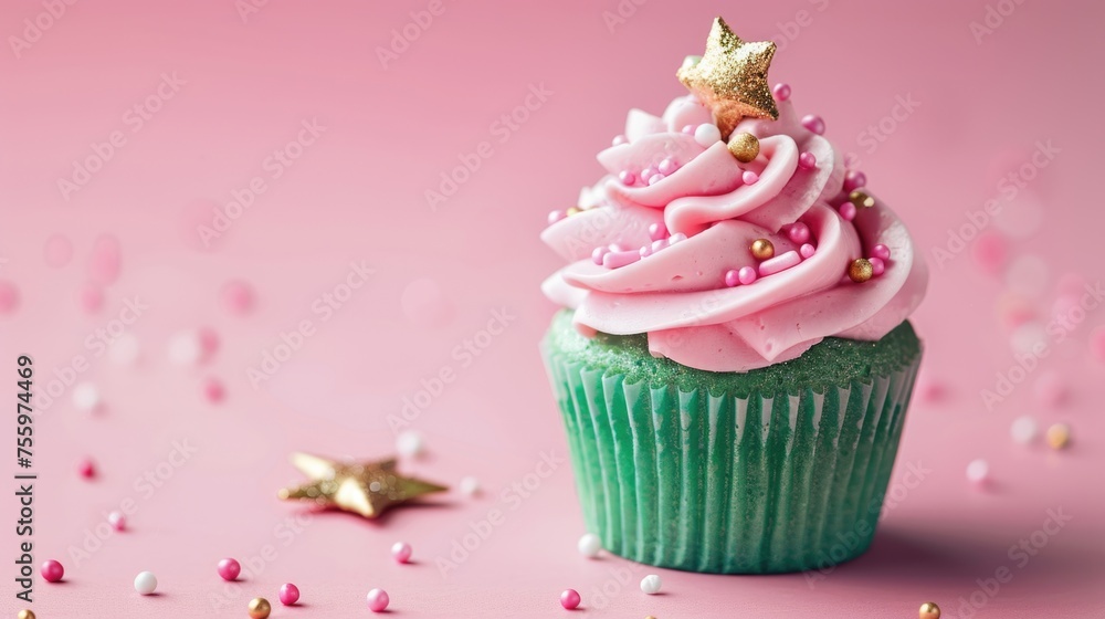 Delicious cupcake with pink frosting and a shiny gold star on top. Perfect for bakery or celebration themes. Delicious cupcake with pink frosting and a shiny gold star on top. Perfect for bakery or celebration themes.