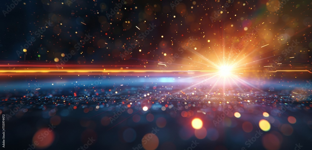 Abstract light effect with laser beams and lens flares on a black background. 