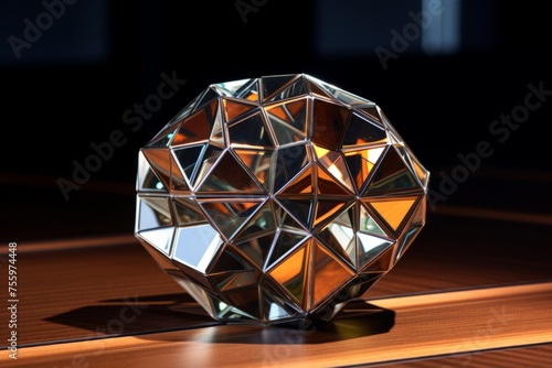 A close up of a 3D rhombic enneacontahedron with reflective surfaces photo