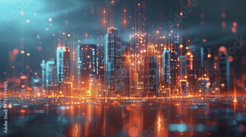 A conceptual image of a futuristic city, managed by AI systems powered by quantum computing, neon tone
