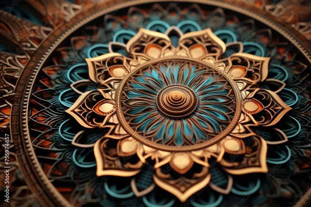 A close up of a mesmerizing 3D mandala with intricate, symmetrical designs and hypnotic beauty with captivating motion