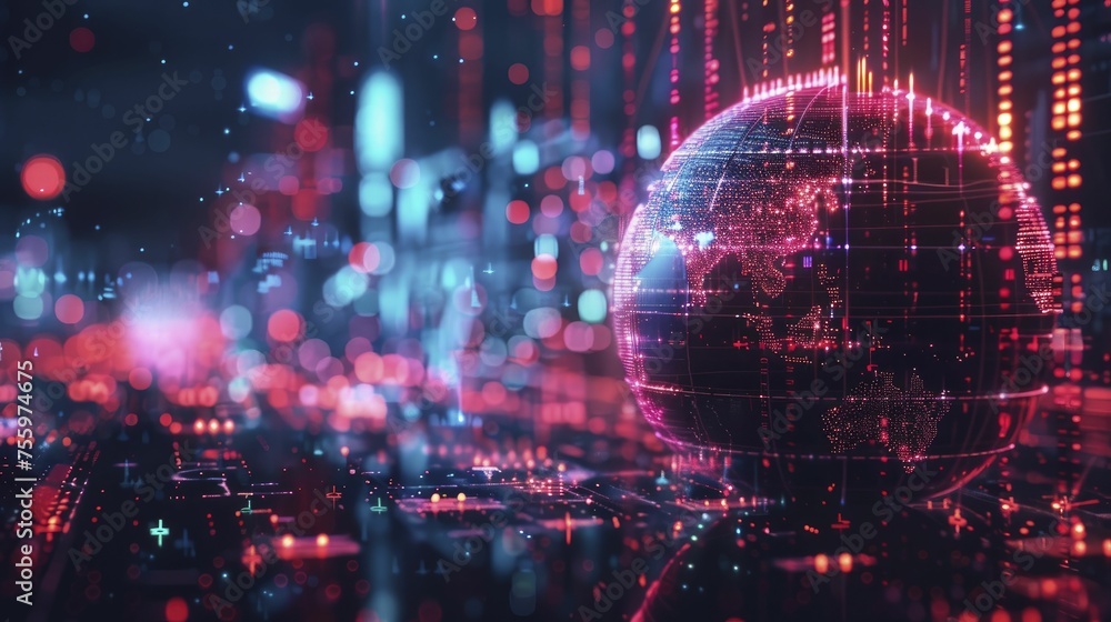 Obraz premium A scene depicting the global impact of quantum computing on AI, transforming industries and societies, neon tone