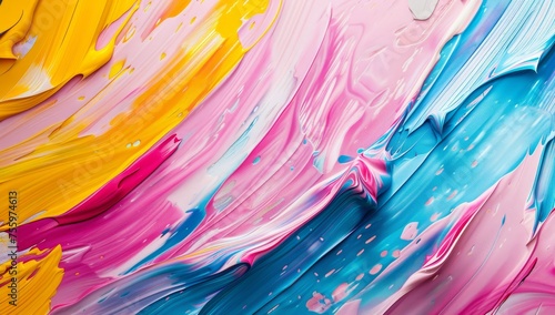Abstract painting background with pink, yellow and blue brush strokes on white canvas.