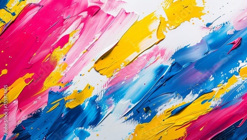 Abstract painting background with pink  yellow and blue brush strokes on white canvas.