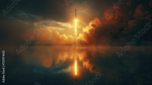 A dynamic scene of a golden rocket launch  with the rocket s reflection shimmering against a dark  serene lake below  neon tone
