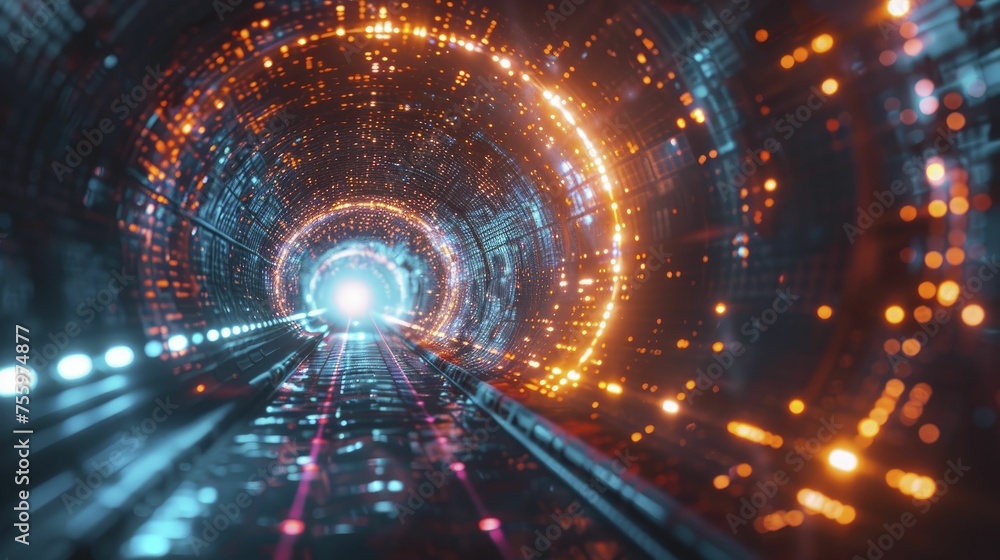 AI effectively harnesses quantum tunneling to tackle intricate logistics, with a neon hue and digital graphics flair. - obrazy, fototapety, plakaty 