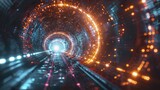 AI effectively harnesses quantum tunneling to tackle intricate logistics, with a neon hue and digital graphics flair.