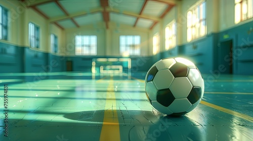 A soccer ball in a gymnasium. Sports banner. Can be used for advertising, marketing or presentation.