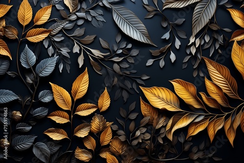 A dark black background adorned with intricate gold leaves and delicate flowers, creating a striking contrast.