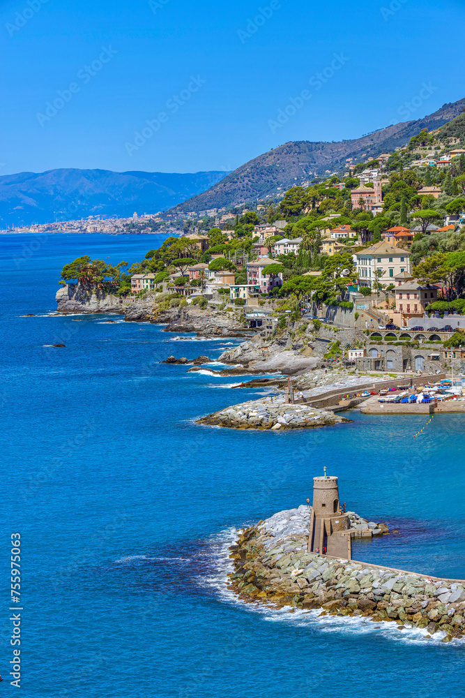 Scenic view of town of Recco and Ligurian coast, Genoa Province, Italy. 