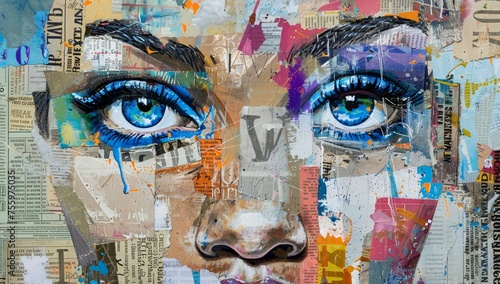 An artistic collage of various pieces of paper, each depicting the face and eyes of an attractive woman with blue eyeliner