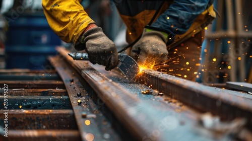A man is welding metal on a train track. Suitable for industrial concepts.