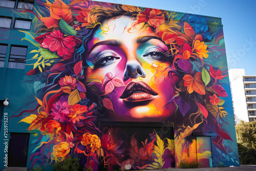 Witness the urban landscape transform with a vibrant street art mural bursting with life.