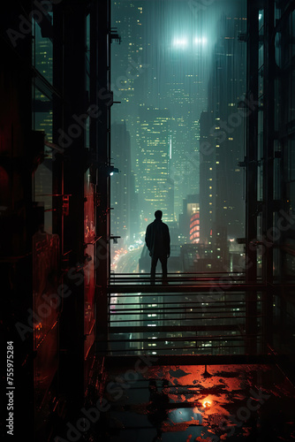 Silhouette of person standing in modern futuristic building against dark neon city