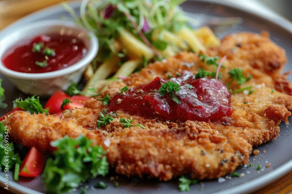 A plate of food with a side of french fries. Suitable for restaurant menus. A plate of food with a side of french fries. Suitable for restaurant menus.