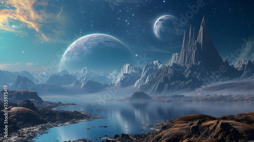 Majestic Alien Planet Landscape with Multiple Moons and Rocky Terrain