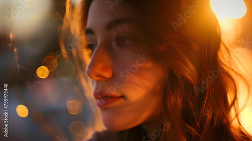 Soft Sunset: Young Woman's Contemplative Expression Against a Backdrop of Golden Bokeh Lights