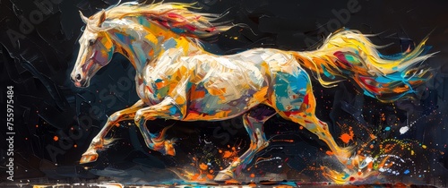 An oil painting of an abstract white and golden horse running in full body with vibrant colors against a dark background