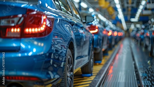 assembly line in a factory with blue cars in the background, in the style of dramatic, dynamic colors, detailed craftsmanship,