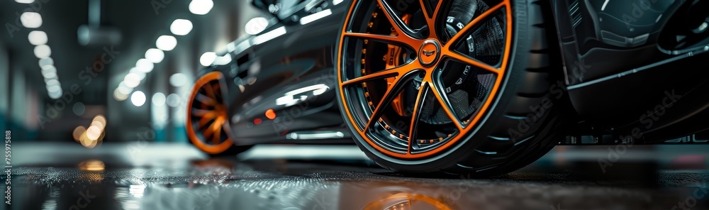 Black background, car wheel with orange accents, closeup of the wheels and tire on an empty dark floor