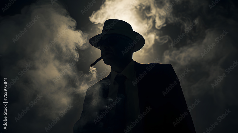 Mysterious Silhouette of Man in Hat with Cigarette Smoke Mysterious Silhouette of Man in Hat with Cigarette Smoke