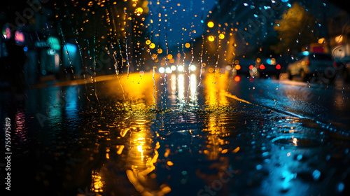 Raindrops on Window with Blurred Street Lights at Night © John